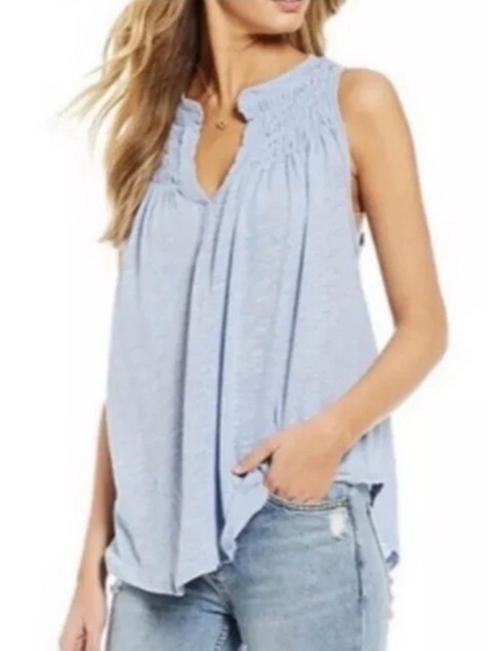 We The Free Linen/Cotton Smocked New to Town Tank Top Light Blue Size Large